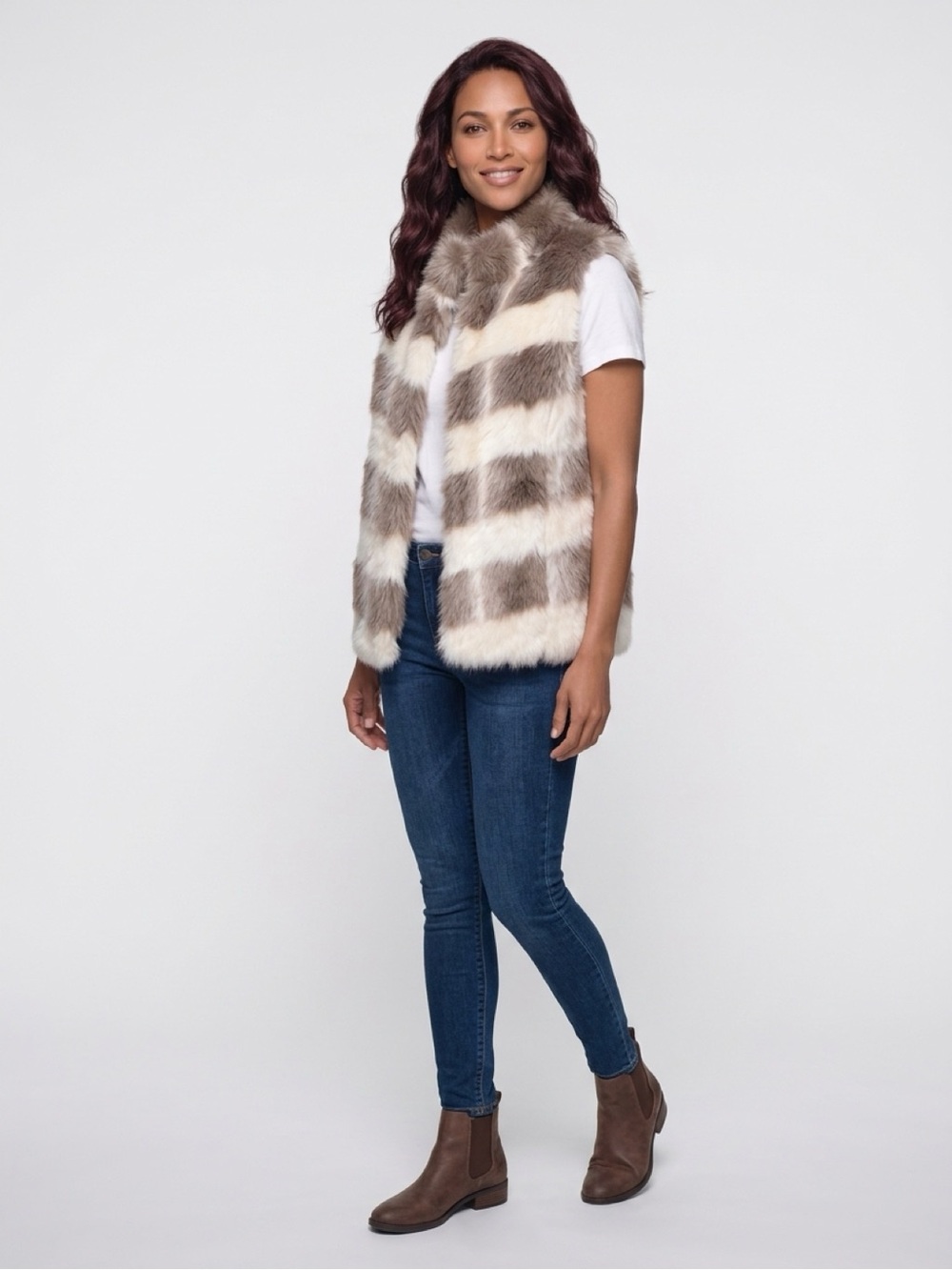 White House Black Market Striped Faux Fur Vest in Cream & Taupe